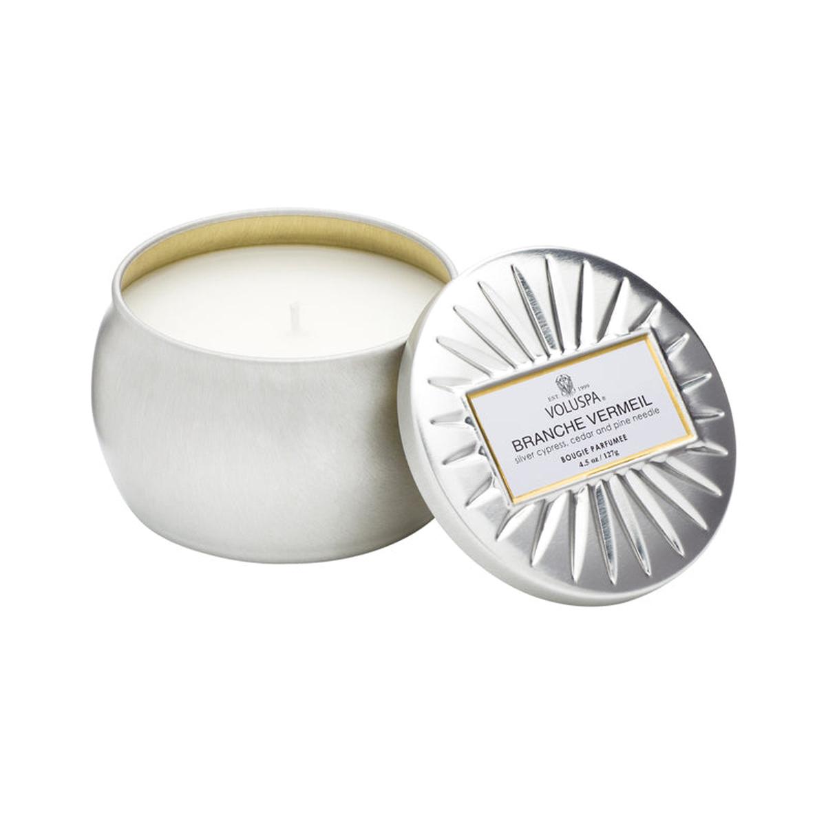 [Self-operated] American VOLUSPA gold-plated silver series small tin can portable scented candle 127g BRANCHE VERMEIL-Blanche cinnabar lasting fresh air in the bedroom, soothing and sleepi
