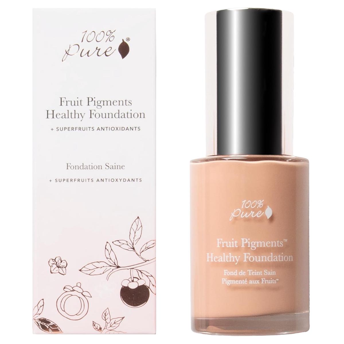 100% PURE Healthy Foundation Full Face Coverage Makeup, Liquid Matte Finish with Anti-Aging Benefits - Vegan Gorgeous Fruit Pigmented Sand Color - 1 Fl Oz
